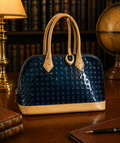 Arcadia Italian Patent Leather Satchel, Blue Embossed Dome Bag with Tan Trim