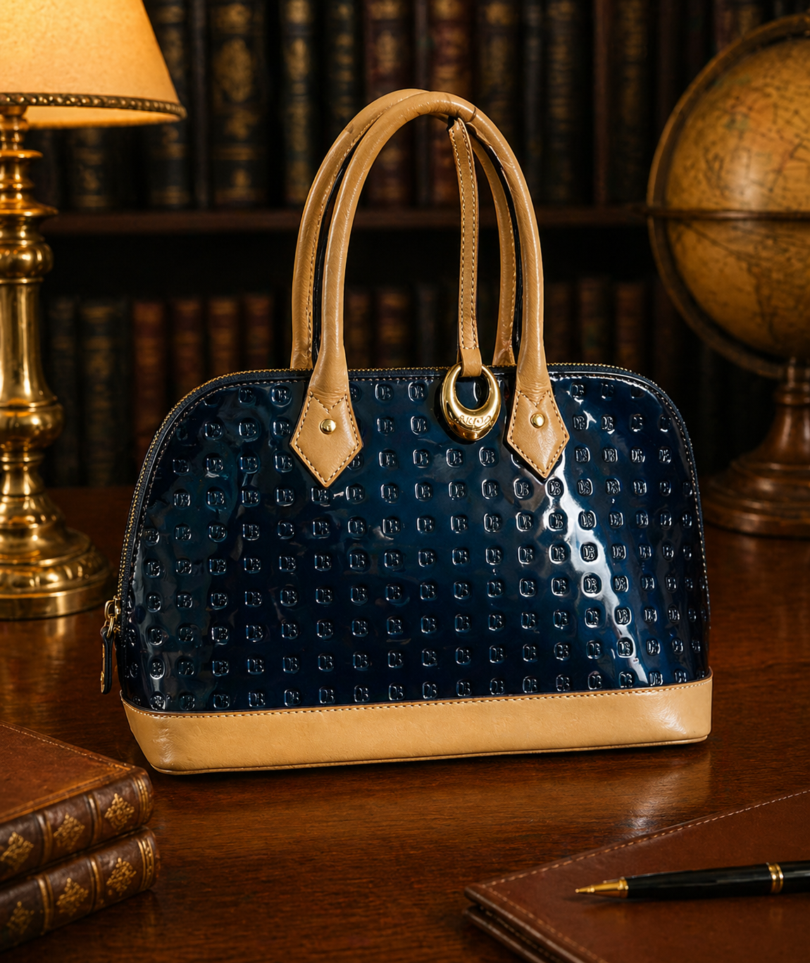 Arcadia Italian Patent Leather Satchel, Blue Embossed Dome Bag with Tan Trim