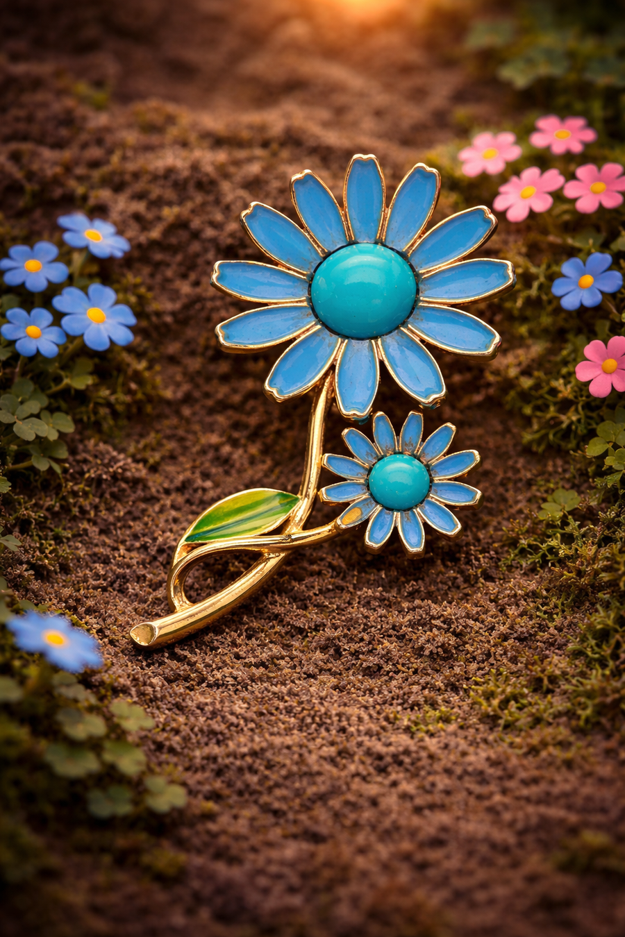 Signed Weiss blue enamel double daisy brooch with turquoise-colored centers and green leaf
