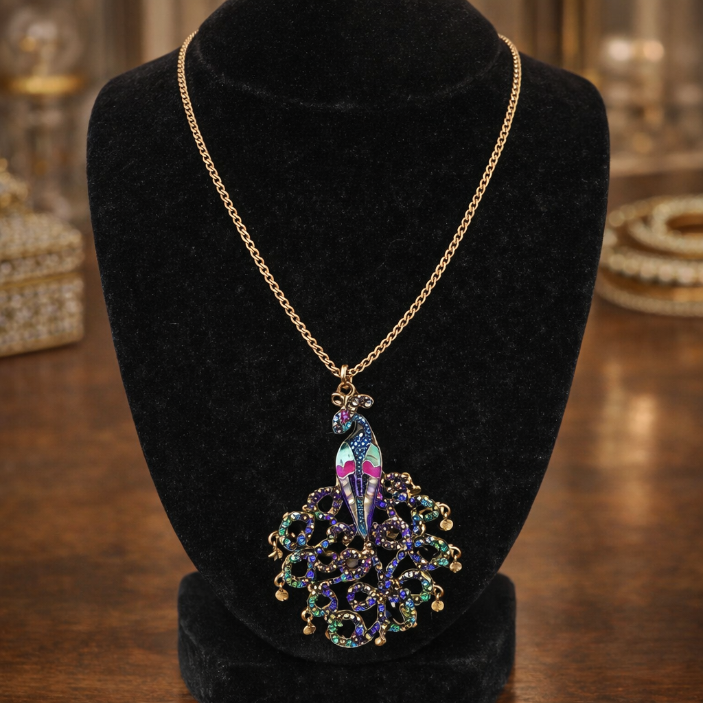 Betsey Johnson Crystal Peacock Pendant Necklace | Gold Tone Blue Purple Rhinestone Statement Necklace