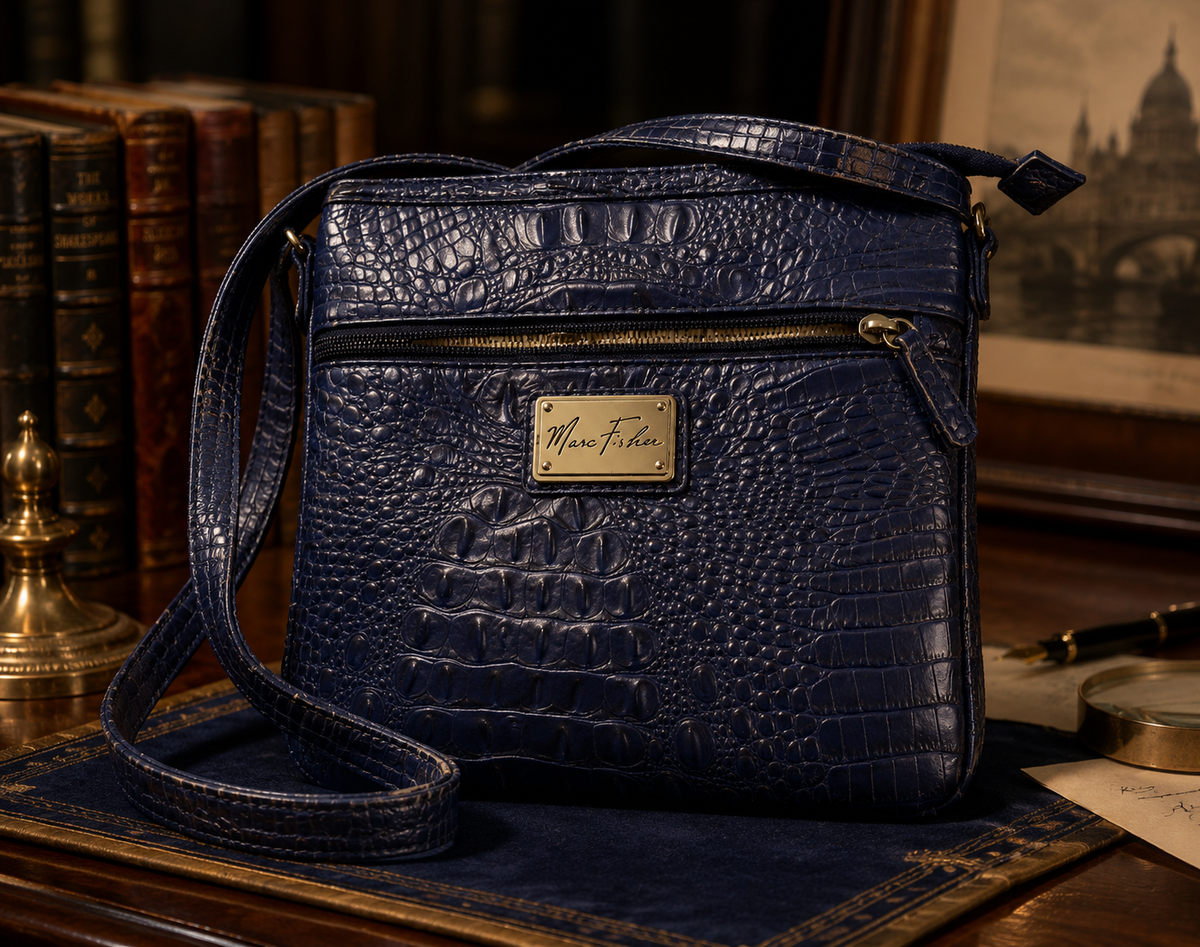 Deep blue croc-embossed faux leather crossbody bag with front zip pocket