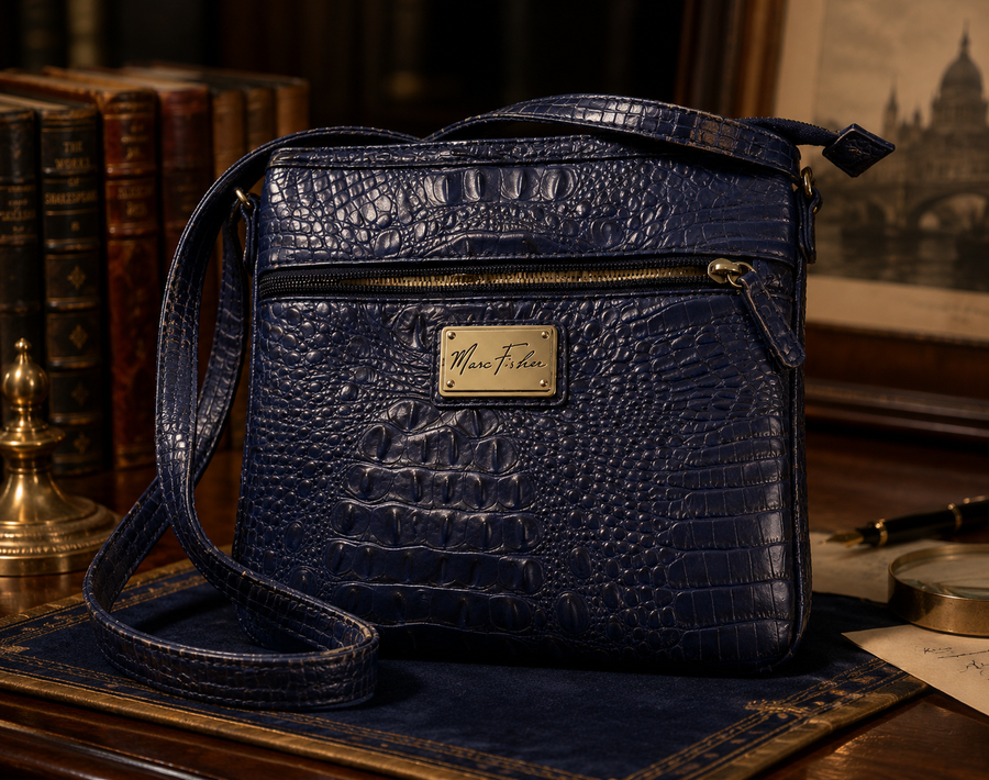 Deep blue croc-embossed faux leather crossbody bag with front zip pocket