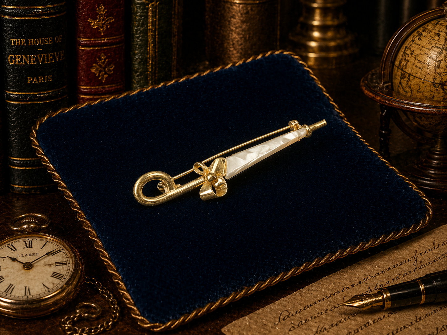 Gold tone umbrella brooch with white carved look panel and bow detail