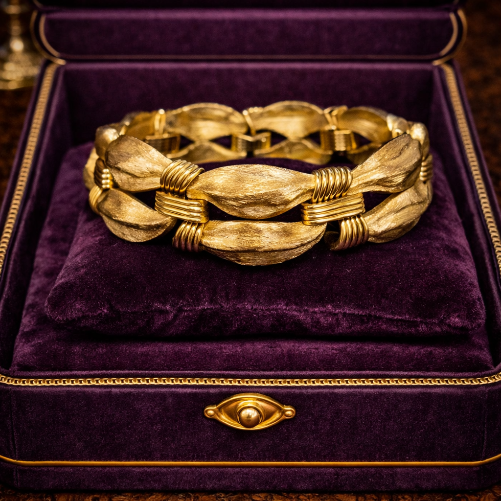 Vintage Crown Trifari Gold Tone Textured Link Bracelet with Safety Chain, Brushed Finish Oval Links, Classic Estate Designer Style, 55g