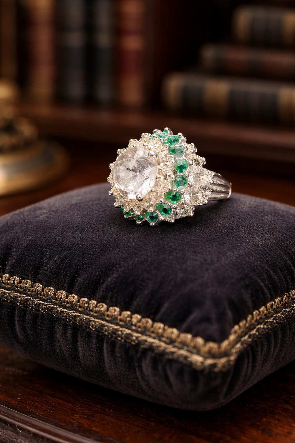 Sterling Silver 925 Green & Clear Crystal Cluster Ring Gold Tone Accent Statement Ring Size 5 Adjustable