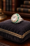 Sterling Silver 925 Green & Clear Crystal Cluster Ring Gold Tone Accent Statement Ring Size 5 Adjustable