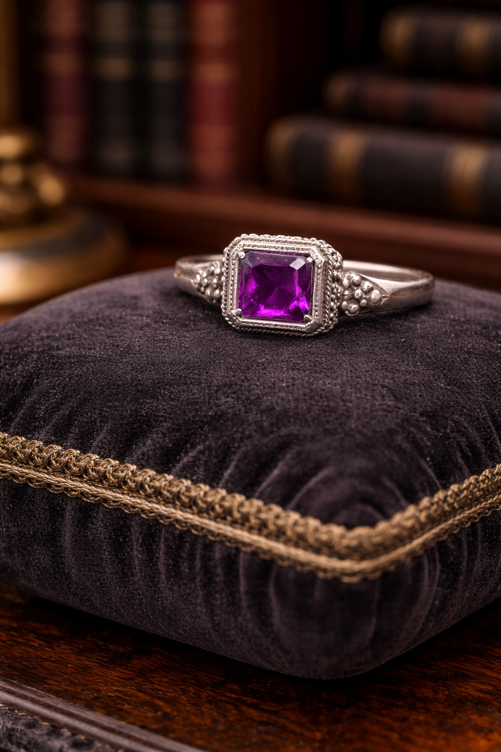 Vintage 925 Sterling Silver Cushion Cut Purple Amethyst Ring