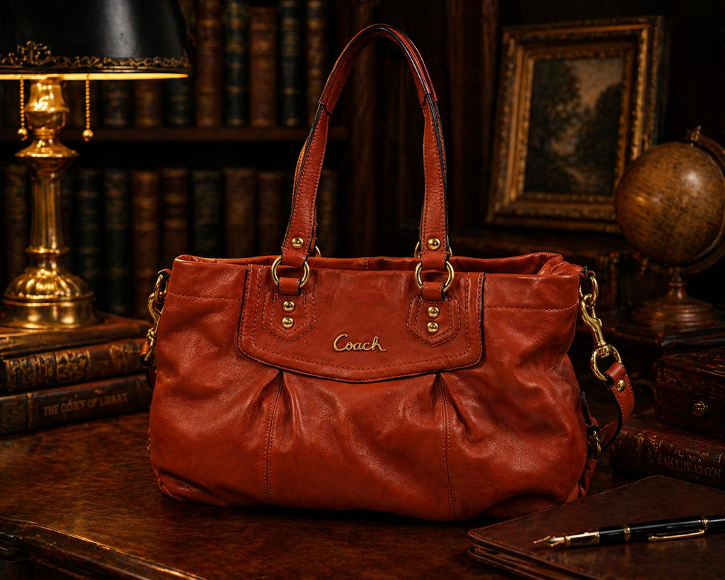 Coach Orange Leather Shoulder Bag, Soft Slouchy Tote with Gold Hardware