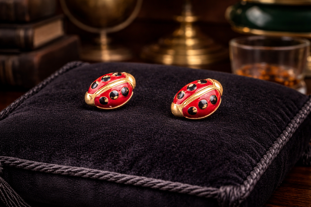 Avon Gold Tone Red Enamel Ladybug Stud Earrings Rhinestone Accent Whimsical Vintage Jewelry