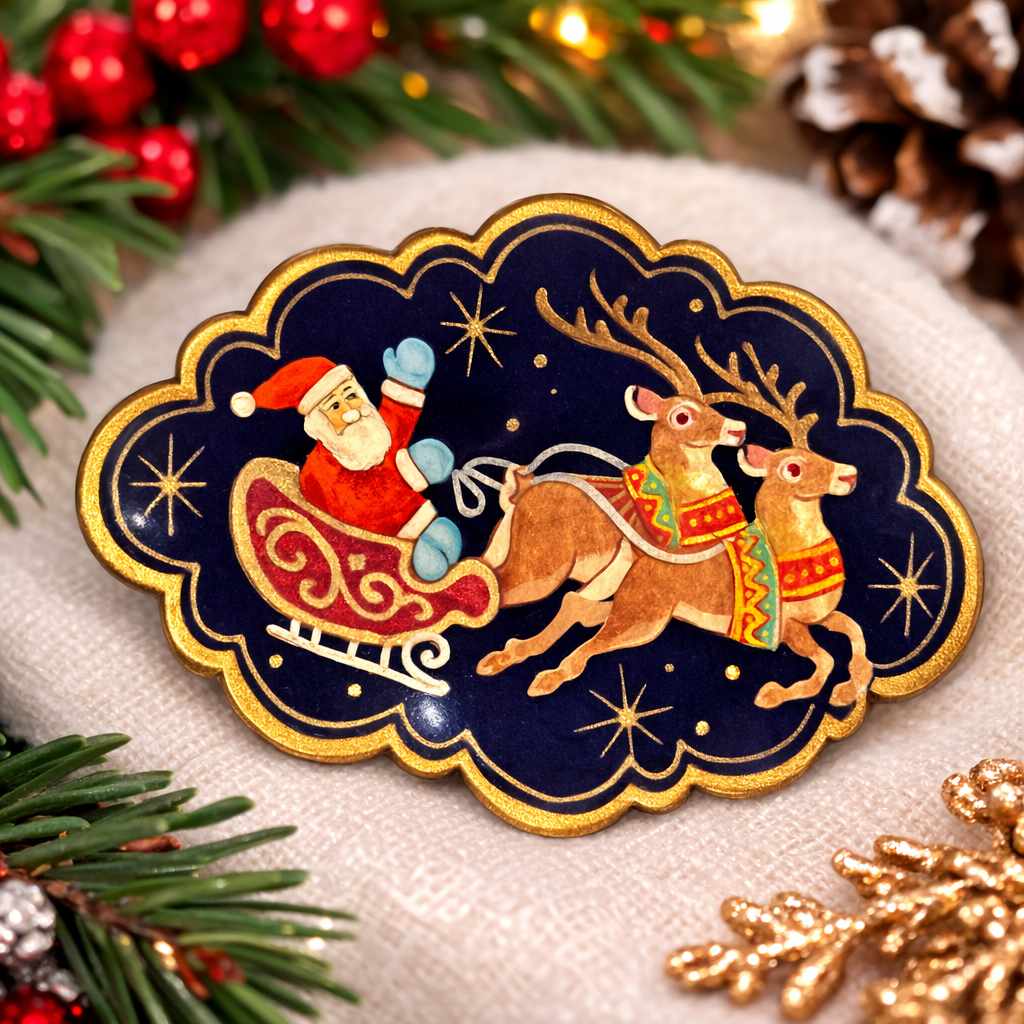 Painted enamel Santa sleigh brooch with two reindeer on midnight blue in scalloped gold-tone frame