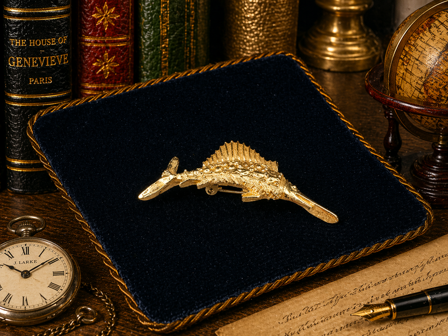 Gold-tone leaping marlin brooch with textured body and raised dorsal fin