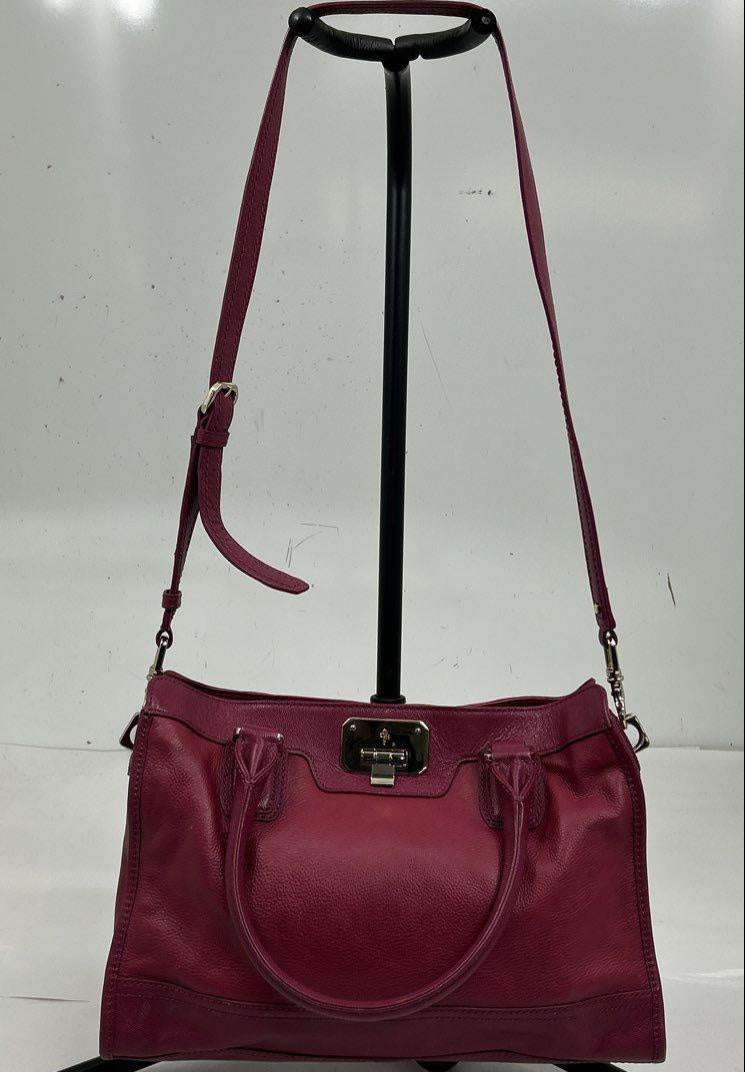 Raspberry leather structured tote with dual top handles and silver-tone plaque, view 5