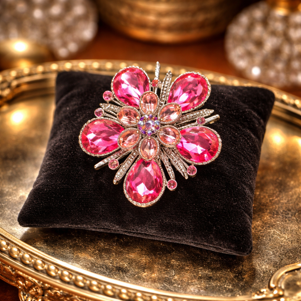 Silver-tone flower brooch with pink teardrop crystal petals and radiating bars