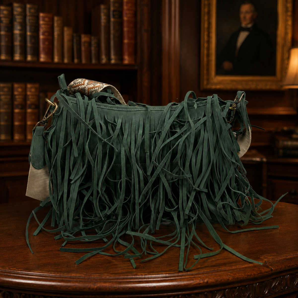 Jen & Co. green faux suede fringe shoulder bag with cream, tan and orange diamond woven strap