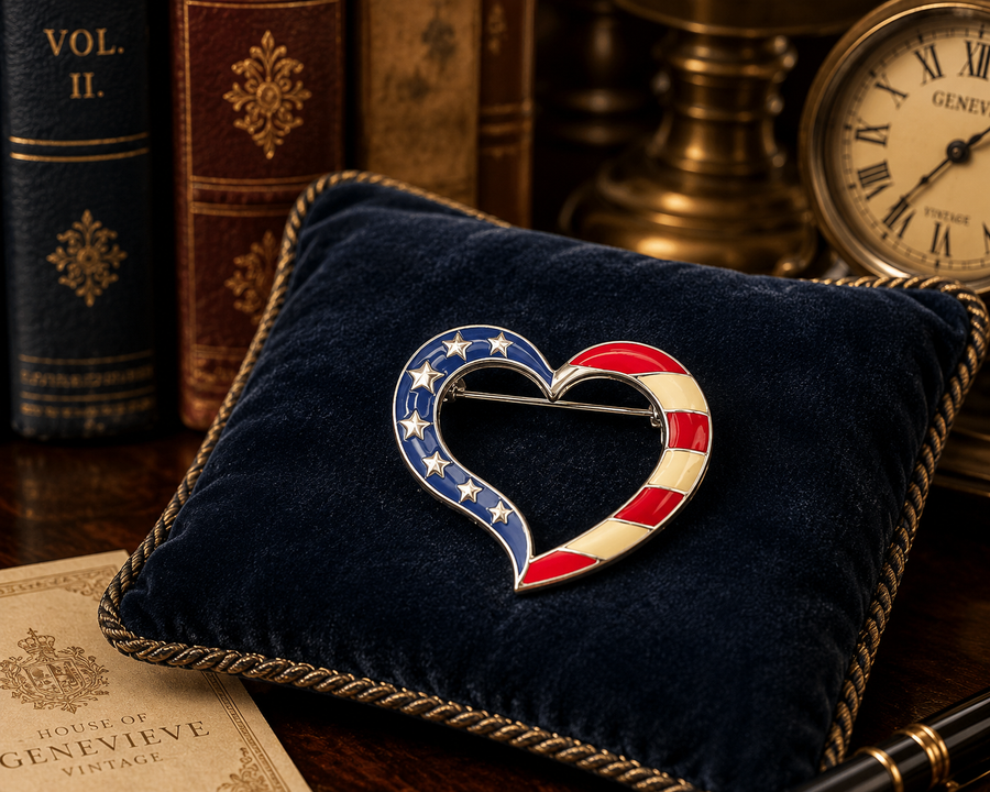 NOAV silver-tone patriotic heart brooch with red, white and blue enamel