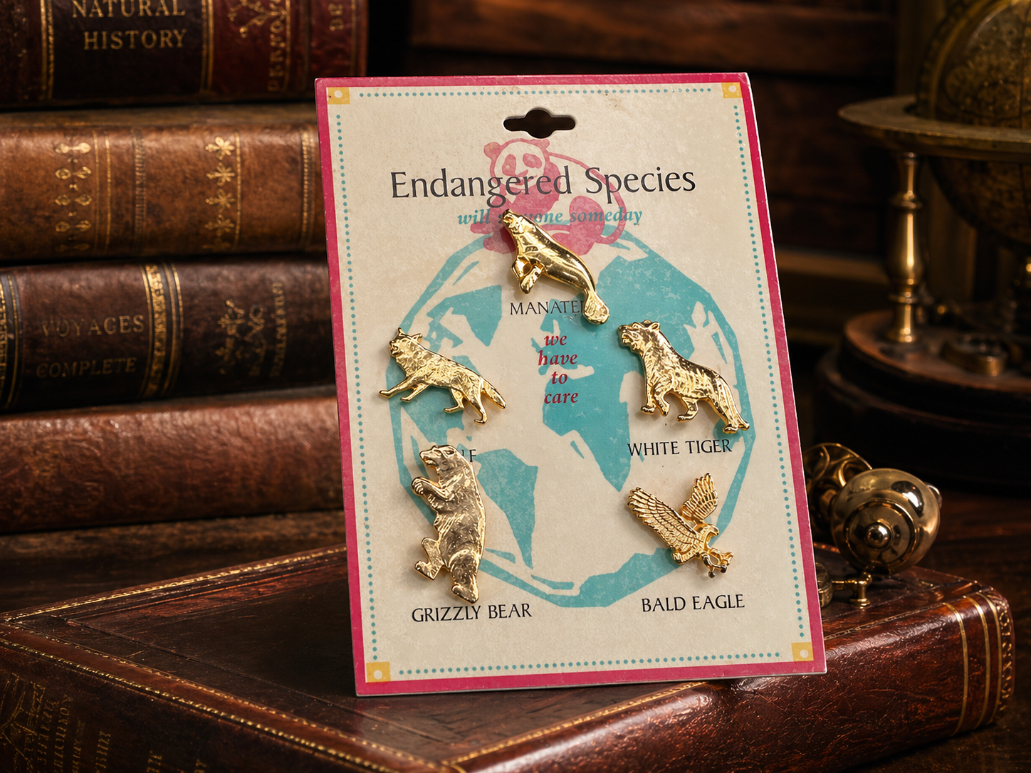 Endangered Species Animal Pin Set Gold Tone Vintage Brooch Collection On Original Card