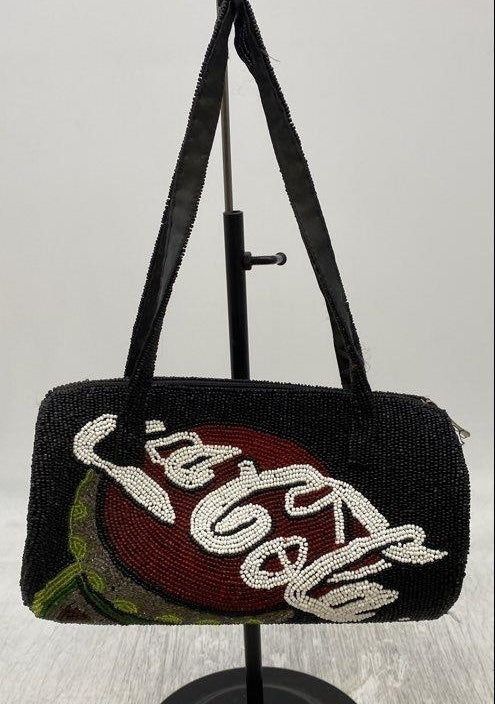 Black beaded cylindrical shoulder bag with red, white and green Coca-Cola script motif, view 3