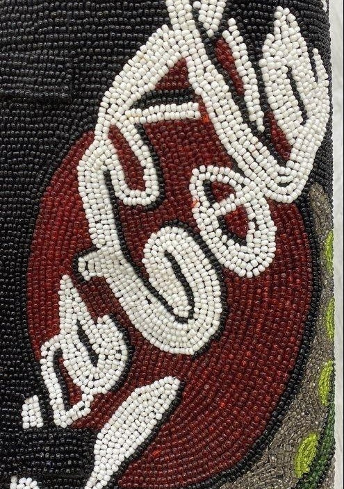 Black beaded cylindrical shoulder bag with red, white and green Coca-Cola script motif, view 8