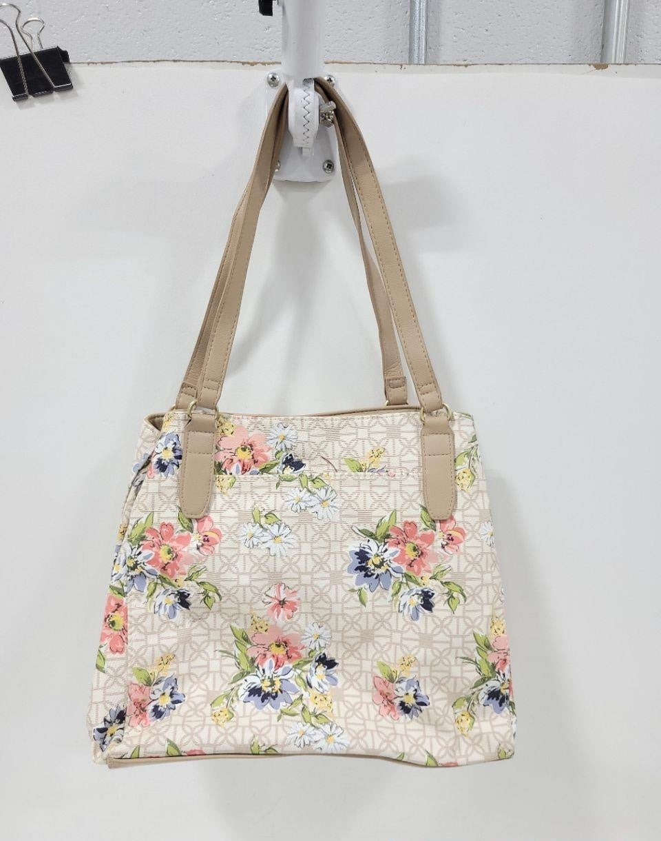 Floral print tote bag with light background and beige shoulder straps, view 2