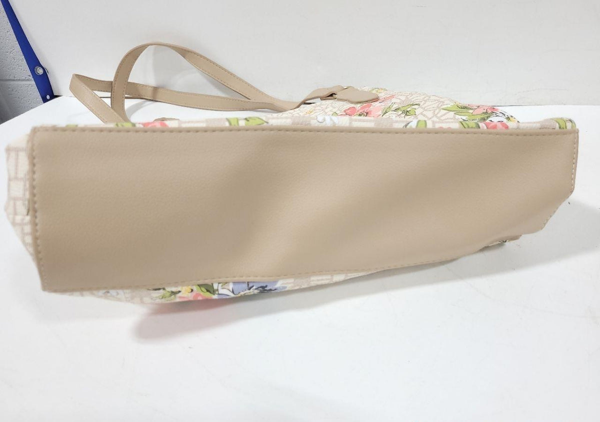 Floral print tote bag with light background and beige shoulder straps, view 3