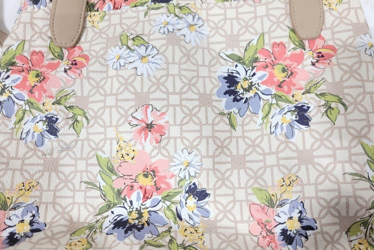 Floral print tote bag with light background and beige shoulder straps, view 7