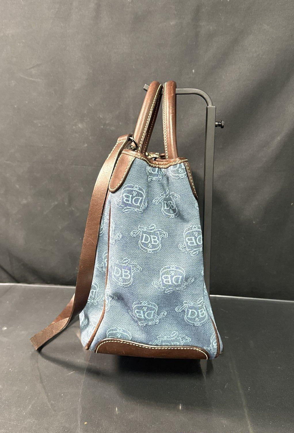 Dooney & Bourke Blue Monogram Canvas Satchel Tote Bag Leather Trim Pouch w/ Coin Purse