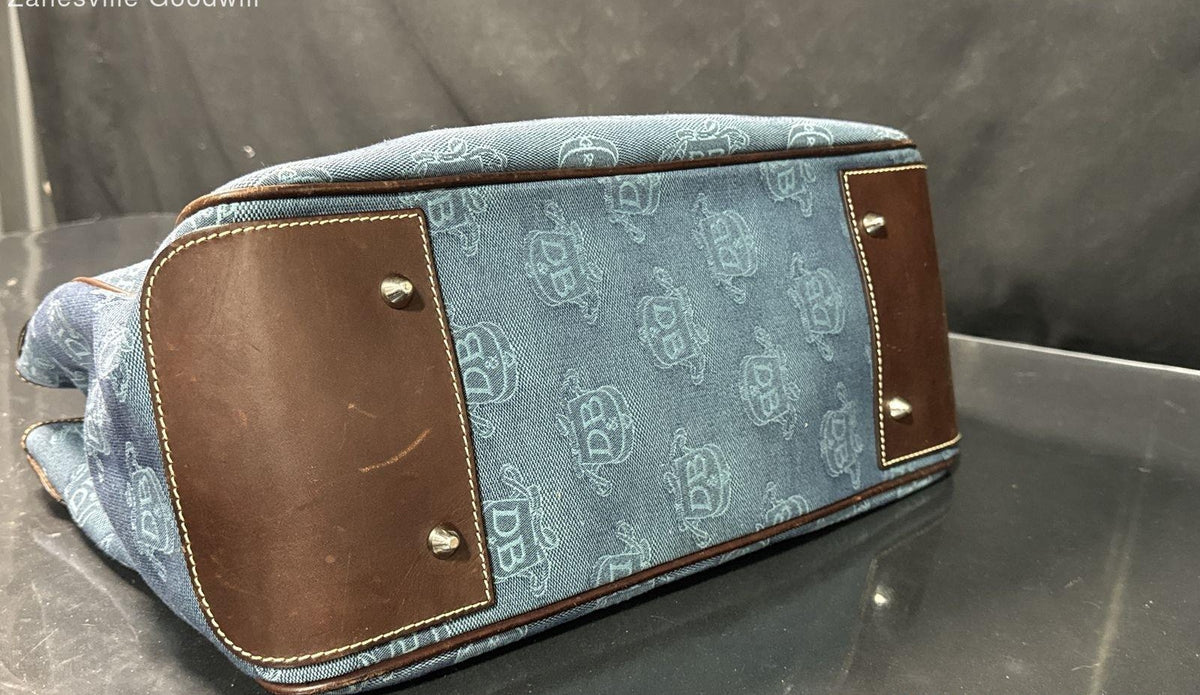 Blue monogram canvas satchel tote with brown leather trim and rolled top handles, view 7