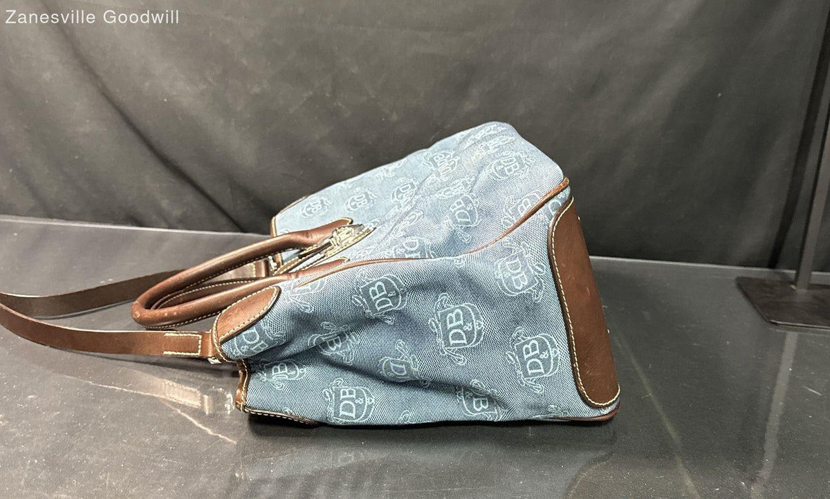 Blue monogram canvas satchel tote with brown leather trim and rolled top handles, view 8