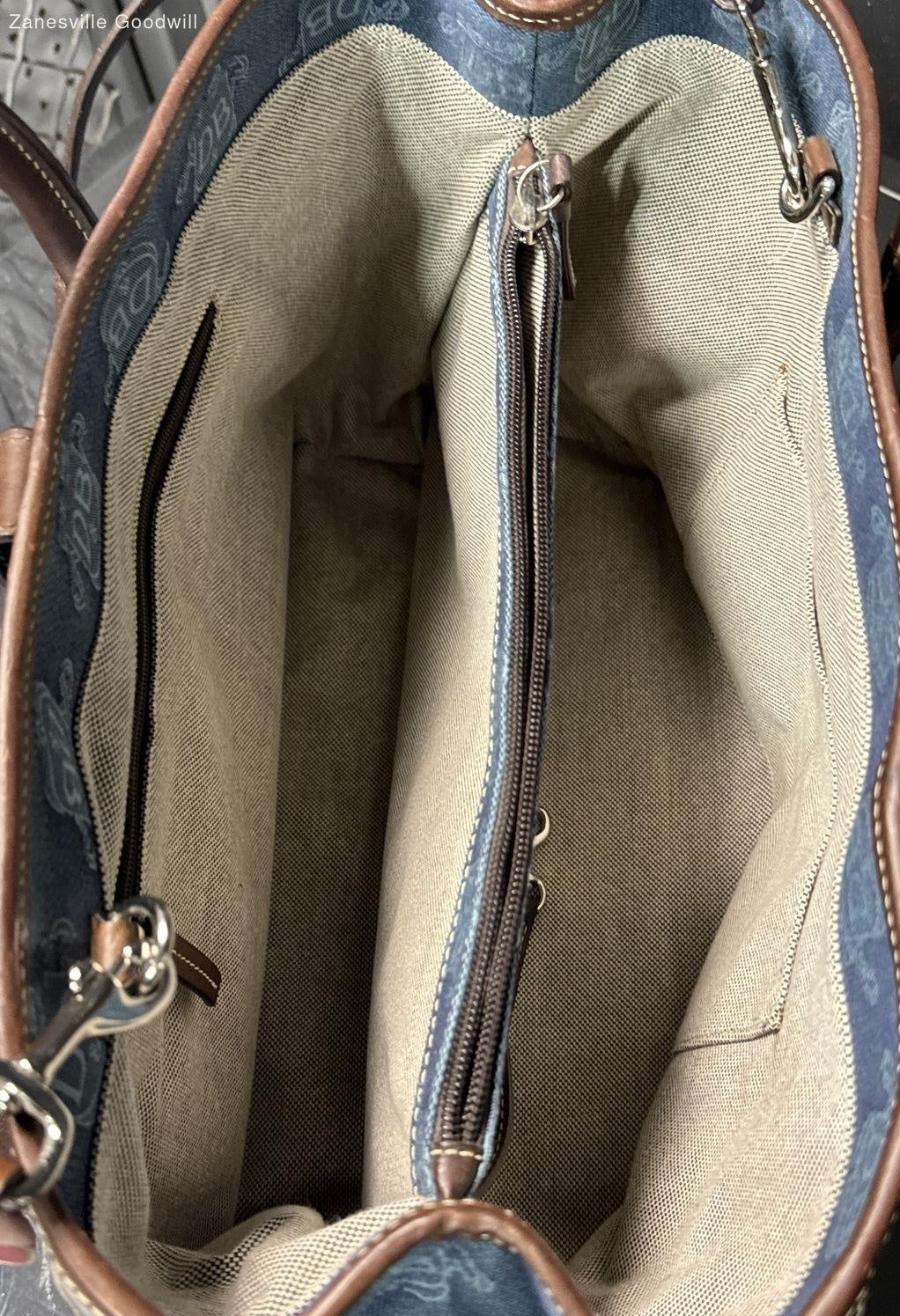 Blue monogram canvas satchel tote with brown leather trim and rolled top handles, view 2
