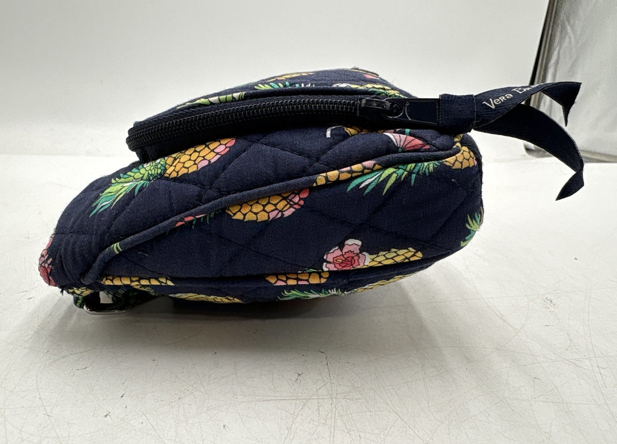 Navy quilted fabric shoulder bag with allover pineapple print and front zip pocket, view 3