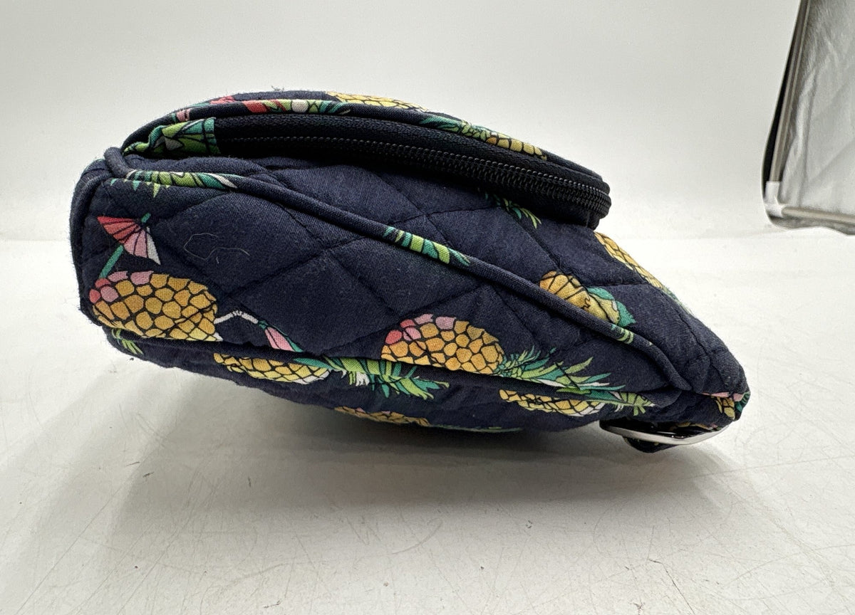 Navy quilted fabric shoulder bag with allover pineapple print and front zip pocket, view 4