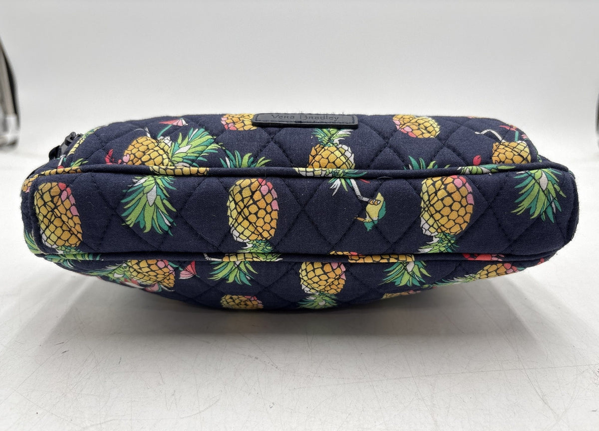 Navy quilted fabric shoulder bag with allover pineapple print and front zip pocket, view 5
