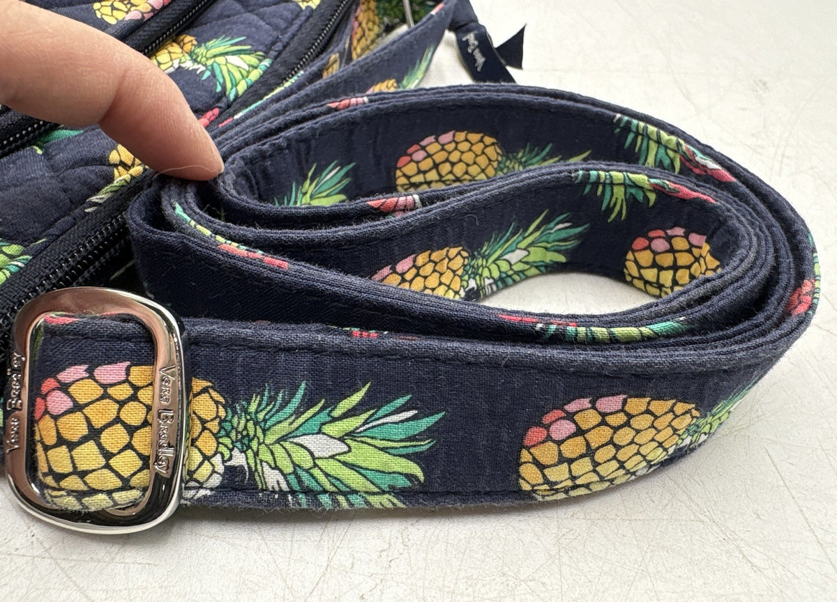 Navy quilted fabric shoulder bag with allover pineapple print and front zip pocket, view 9