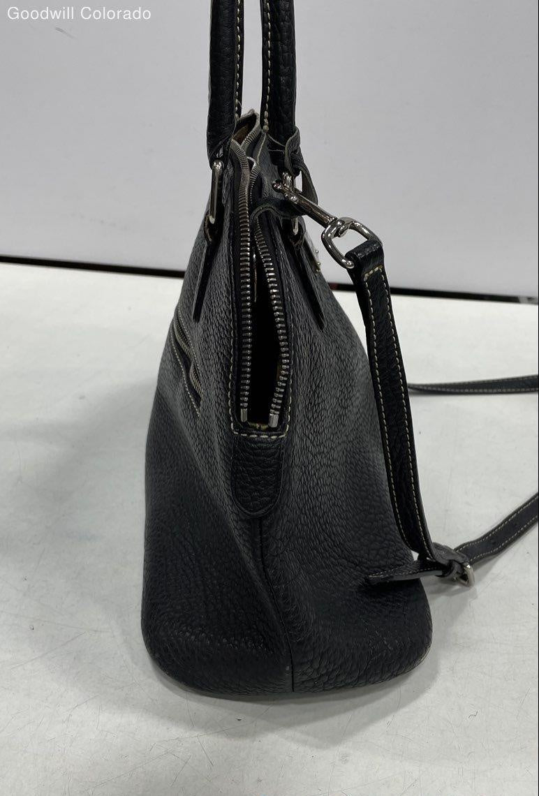 Black pebbled leather dome shoulder bag with contrast stitching, top handles and shoulder strap, view 3