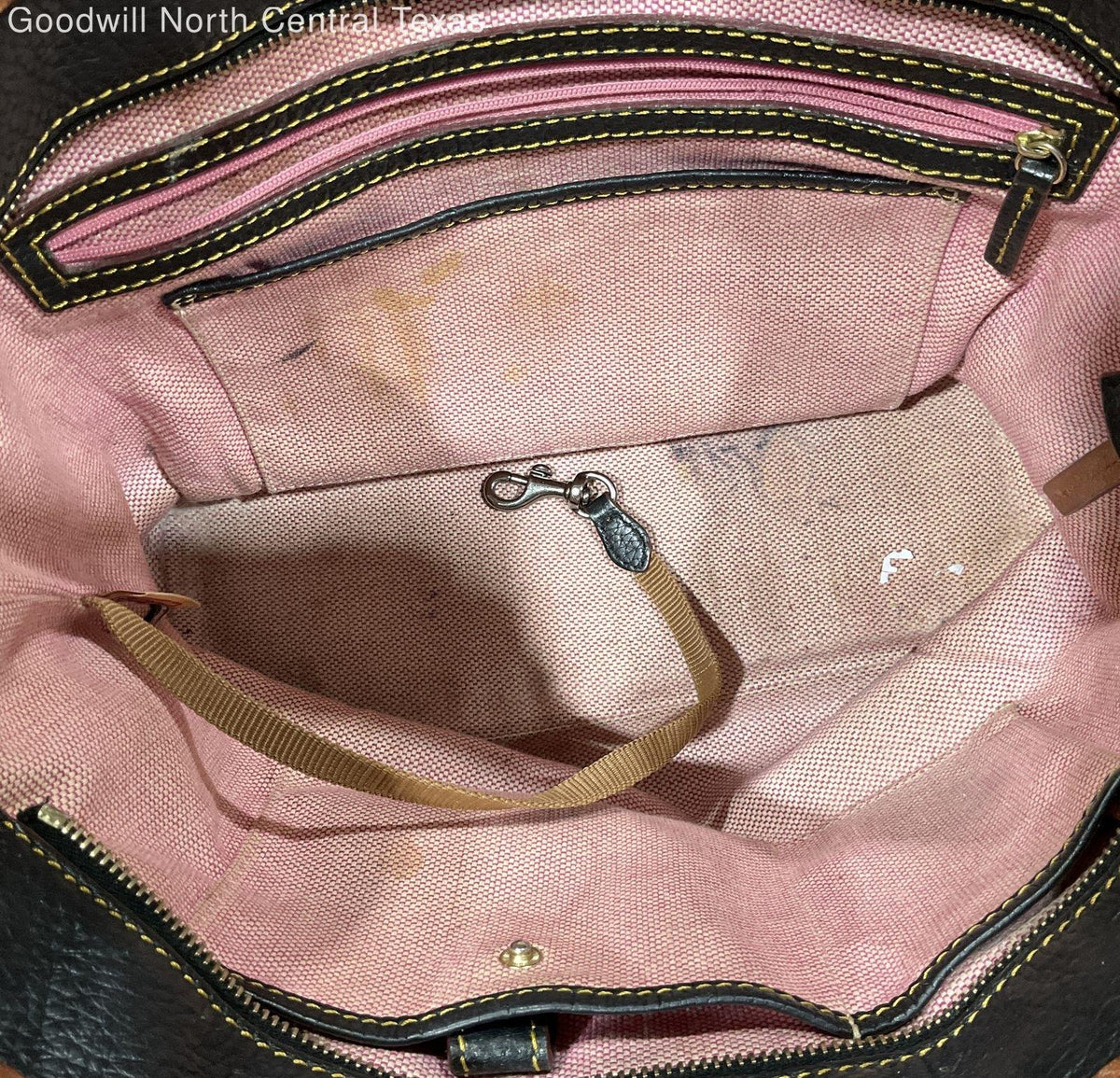 Black pebble grain shoulder bag with brown trim and long double straps, sold for repair or parts, view 3