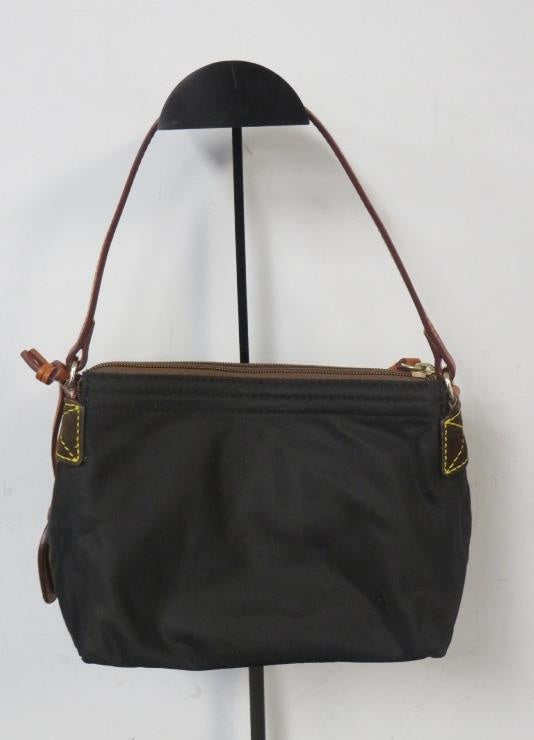 Dooney and Bourke black nylon shoulder bag with tan leather trim and duck logo patch, view 2