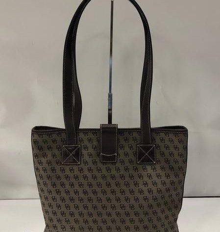 Grey-brown monogram jacquard north-south tote with dark leather trim and shoulder straps, view 5