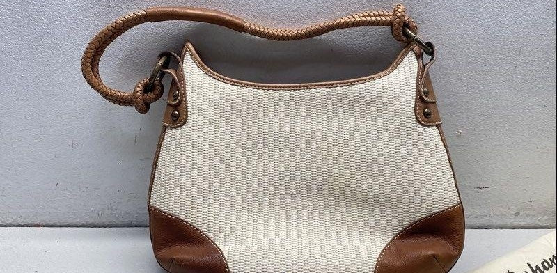 Light woven shoulder purse with brown trim and braided handles, with dust bag, view 4
