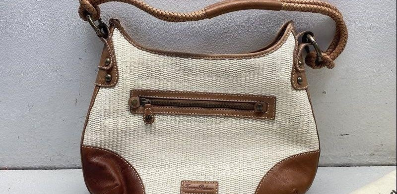Light woven shoulder purse with brown trim and braided handles, with dust bag, view 5