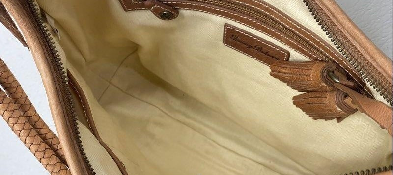Light woven shoulder purse with brown trim and braided handles, with dust bag, view 6