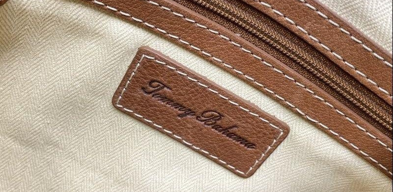 Light woven shoulder purse with brown trim and braided handles, with dust bag, view 7