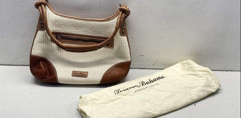 Light woven shoulder purse with brown trim and braided handles, with dust bag, view 2