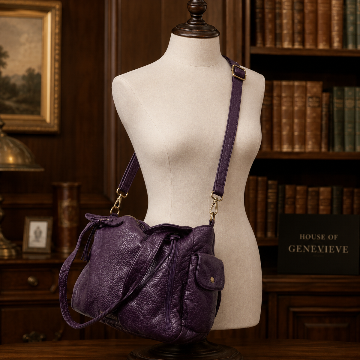 Purple satchel handbag with top handles and zip top