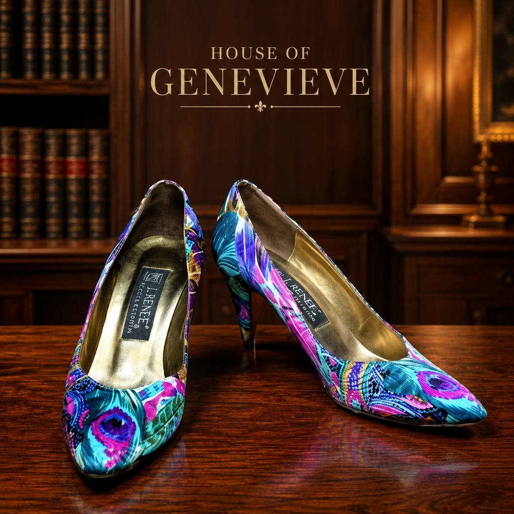 1980s–1990s 90s J. Renee Couture Collection Peacock Print Pointed Toe Pumps Size 7.5