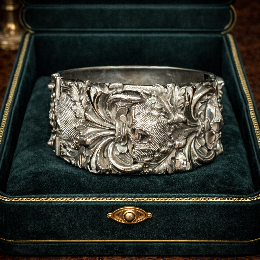 Vintage Repousse Silver Tone Hinged Bangle Bracelet with Ornate Floral Scrollwork, Victorian Revival Design, Wide Statement Cuff Style