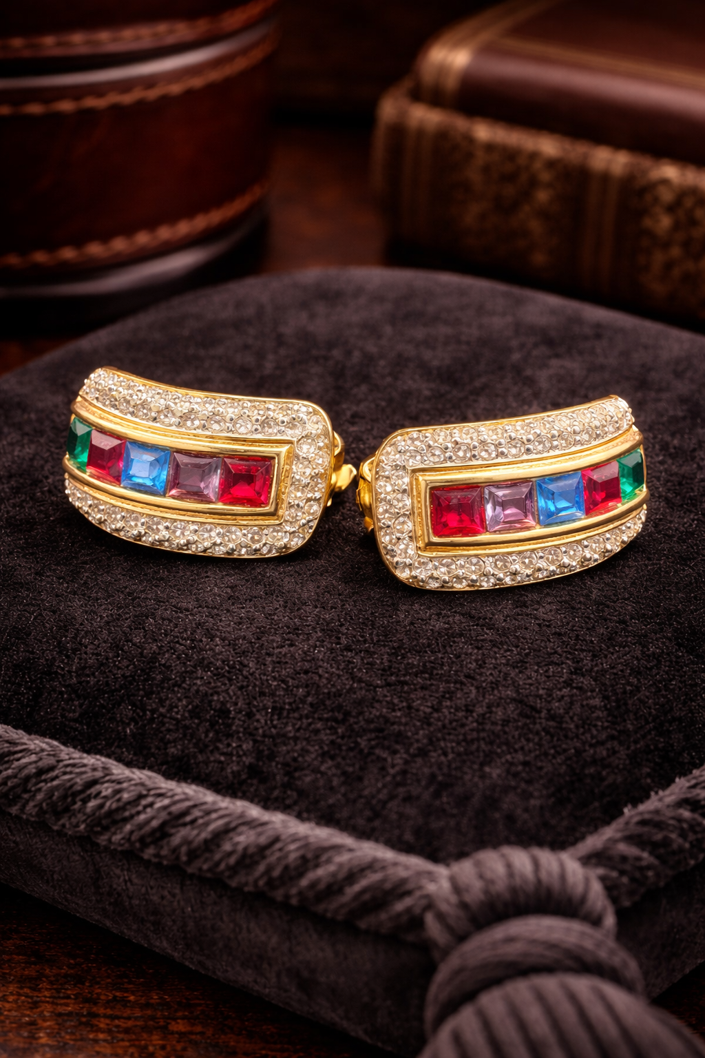 Signed Piscitelli gold-tone clip earrings with multicolor square crystals and clear crystal border