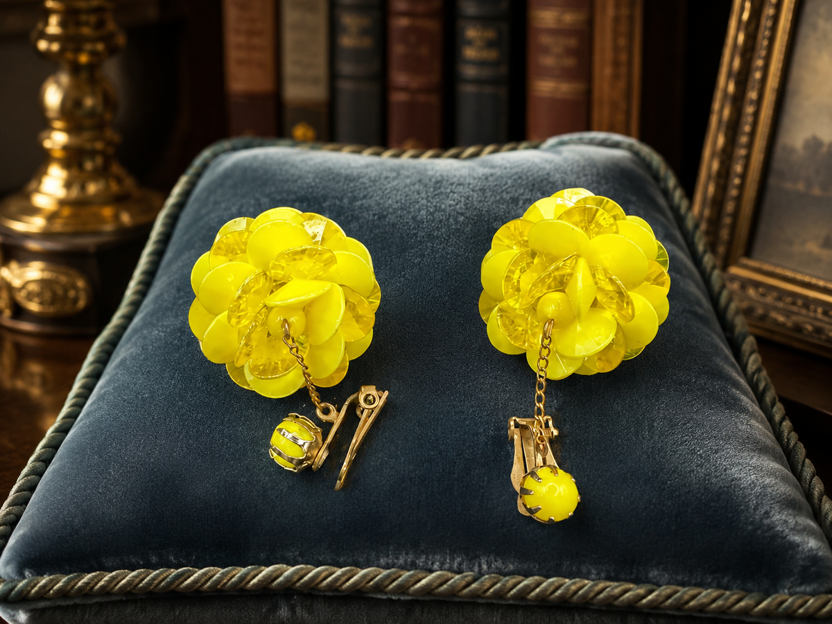 Yellow translucent flower dangle clip earrings with bead and charm drops, view 6
