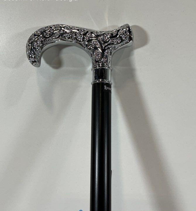 Royal Canes Black Walking Stick with Ornate Silver Tone Handle | Decorative Cane