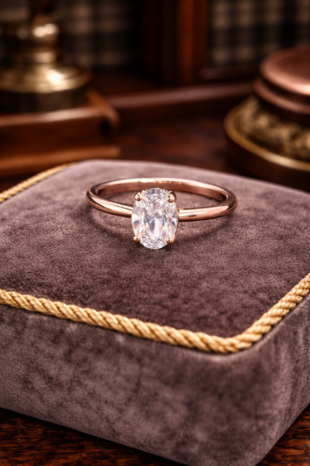 Rose gold-tone solitaire ring with oval clear crystal in open prong setting