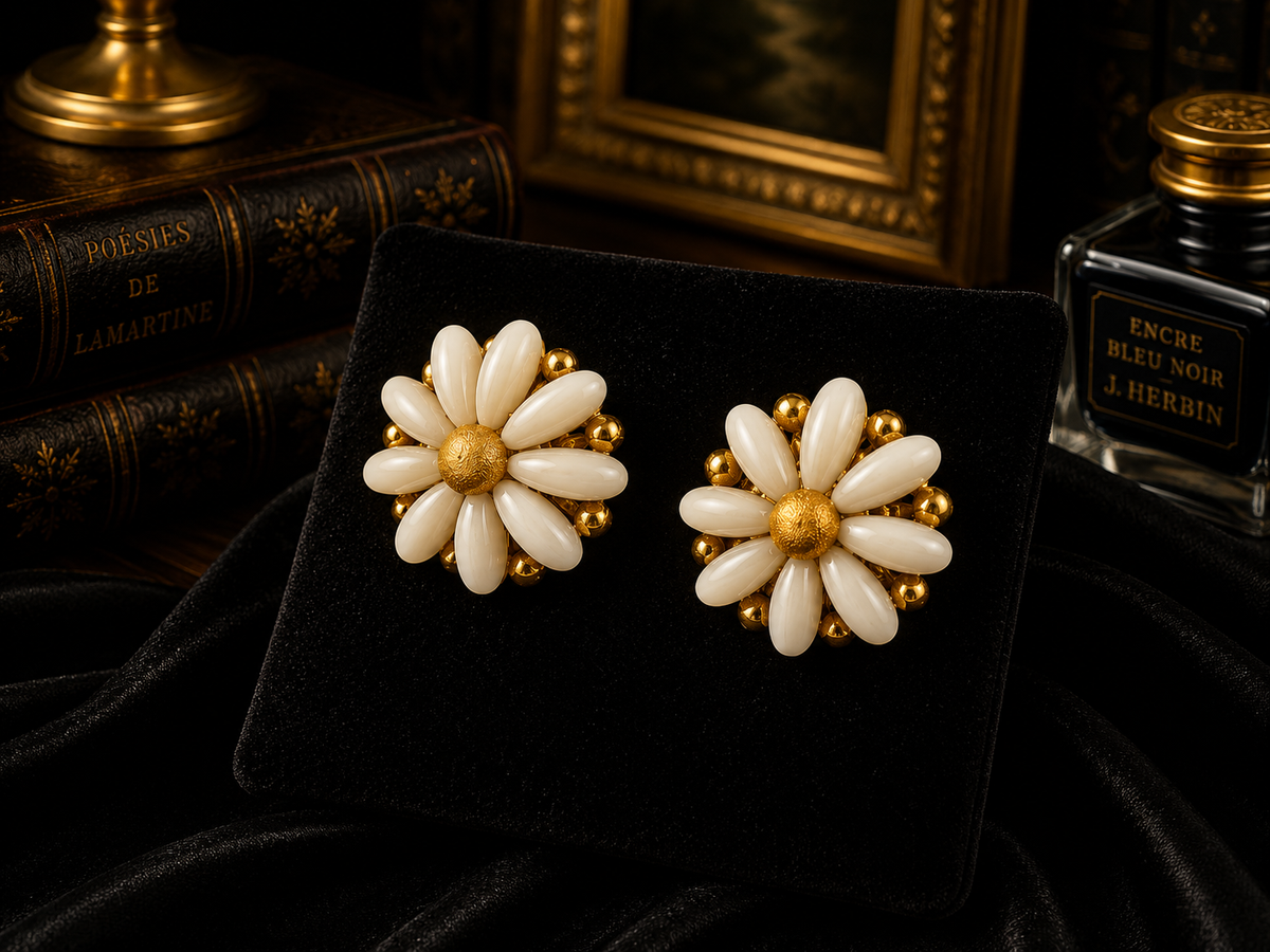White daisy clip earrings with gold-tone centers and bead trim, view 6